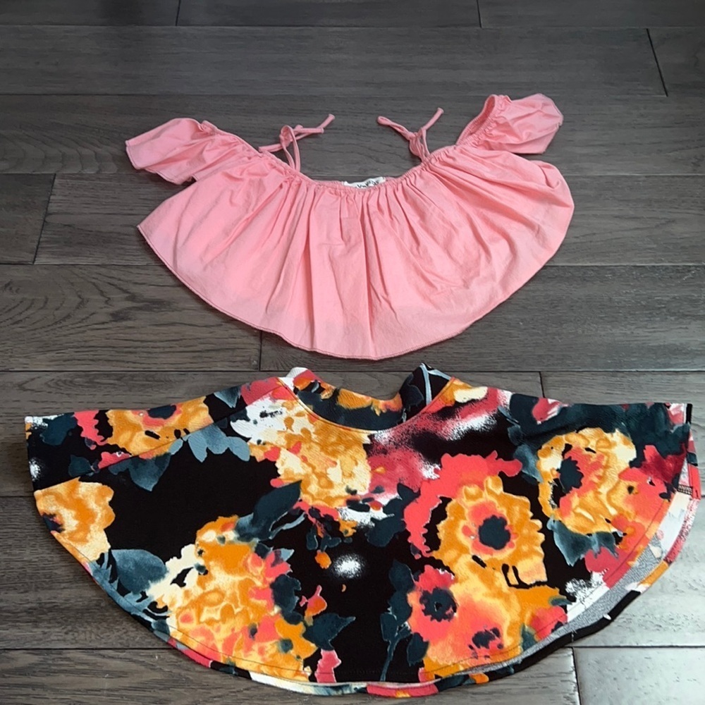 jay vee kids off shoulder crop top and flare miniskirt